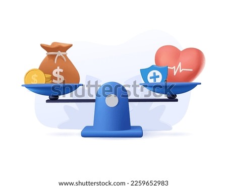 Health and work on scales 3D. Balance job, money and sleep. Comparison business stress and healthy life. 3D icon in cartoon style, UI interface