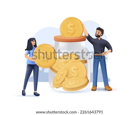 3D family couple saving money in jar. Man and woman inserting cash into glass jar 3D concept. Vector illustration for finance, deposit, economy, investment, banking, concept 3D illustration vector