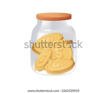 3D Glass jars with coins like diagram, isolated - savings concept golden coin render icons isolated on white background. Finance, deposit, economy, investment, banking, concept. 3D Vector illustration