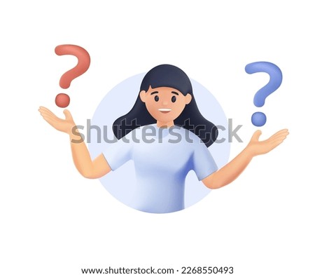 Make choice, decision 3D concept. Puzzled business woman doubting, deciding, setting priorities. Questioned employee thinking, analyzing two options. 3D render vector illustration isolated on white