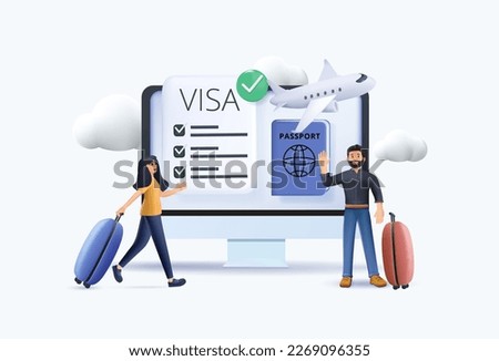 Various Travel Icons 3D. Characters Planning Trip and Choosing Destination, Preparing Travel Visa and Passport, Booking Flight and Hotels. Vacation and Tourism Concept. 3D Cartoon Vector Illustration