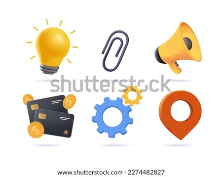 Business universal 3D icons set. Lamp, lightbulb, paper clip, gear, loudspeaker, map pin. Modern 3d render vector icon set isolated on white