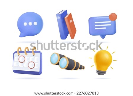 3d icon set. Speaking bubble, books, dialogue message, binoculars, calendar, lamp light bulb, chat icon. Realistic render vector 3D concept, objects isolated on white