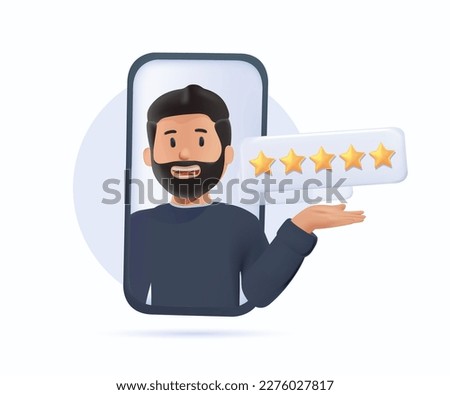 Feedback, customers review, positive man user experience 3D cartoon modern concept. Five stars rating of mobile app, online service satisfaction 3D. Happy client in internet. 3D render vector