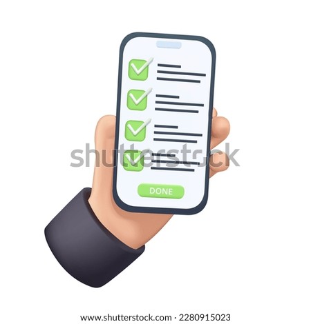 Mobile app task manager 3D render icon. Hand holding phone with todo check list. Results report for education exam, assigment project management. Checklist pattern 3D planner vector illustration