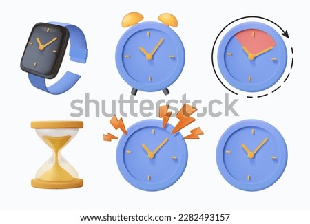 Different clocks 3d icons set in cartoon style on white background. 3D clock icon, smart watches, send watch and clock design for deadline and time management design UI UX interface logos. 3d render