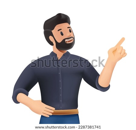 3D character smiling young man point up at good deal or offer. Pointing finger, pointer. Happy guy show with fingers up recommend good sale or discount. Copy space. 3D render vector illustration