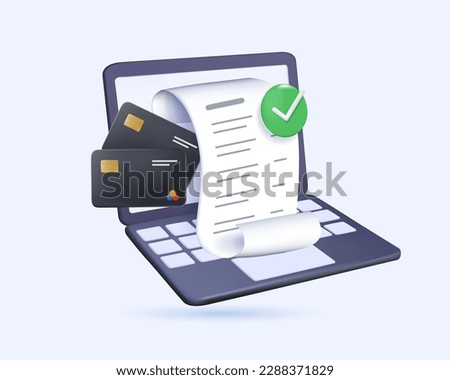 3D online invoice business transaction includes details such as item or service provided price payment.. Money, credit cards and checkmark symbol. Secure payment online 3D render vector illustration