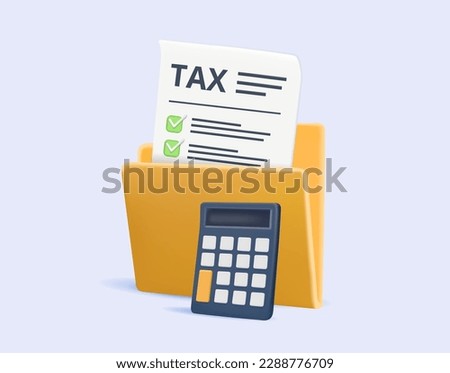3D tax paying icon with folder and calculator 3d vector illustration. Isometric business icon, financial impact or accounting app. 3D render vector