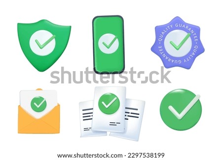 3D realistic check icons. 3D check mark icons set approve symbol and quality guarantee certificate. Symbols of acceptance, done and success