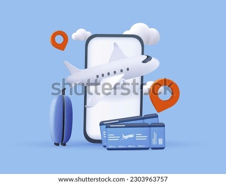 3D mobile phone with ticket for flight airplane, suitcase, tourism and travel planning with flight plane. 3d travel booking and service. 3d icon vector airplane with phone render illustration