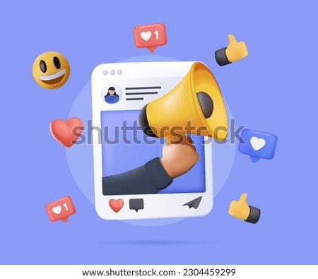 3D Social media blogger with megaphone in hand. 3d megaphone speaker for announce advertising composition. 3d objects, heart and love emoji sound icon. 3d speakerphone alert icon vector illustration