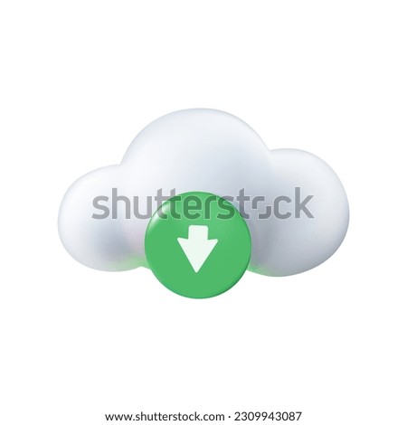 3d cloud download icon. Filemanager or filestorage concept, download multimedia file document from cloud management. Cartoon download image and video content digital file. Data transfer. 3d cloud