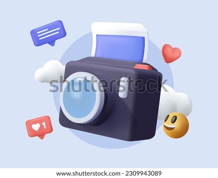 3d polaroid photo camera icon and frame social media. 3d snapshot camera, photo icon concept. Modern cartoon design for 3d camera photos. Lens isolated vector render illustration