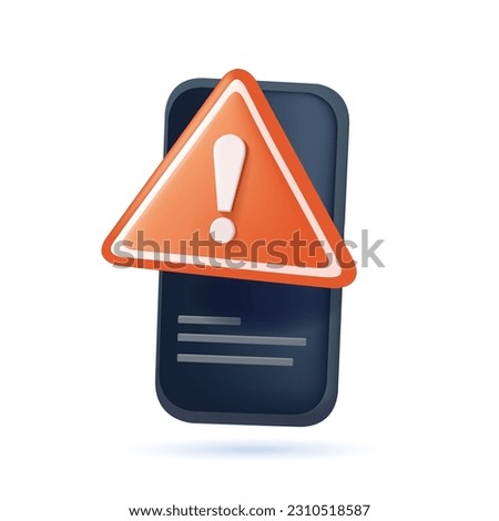 3D vector error notification, bug message on mobile phone with stop icon. no entry, problem, fail warning on application, alert for todo checklist. 3d alert icon vector render illustration