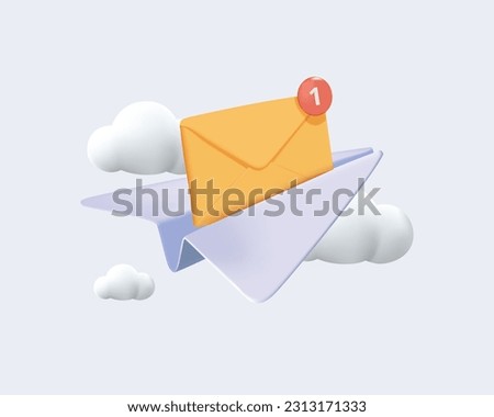 3d paper plane and mail icon with notification of new message. Minimal 3d email sent letter to social media marketing. Subscribe to newsletter. 3d plane icon vector rendering illustration