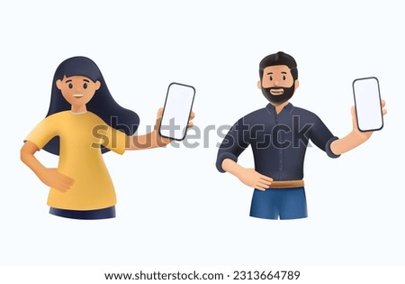 3D characters happy people showing mobile phone screens set. Men, women holding smartphone, cellphone displays with apps, online messages, video, photo. 3D vector illustrations isolated on white
