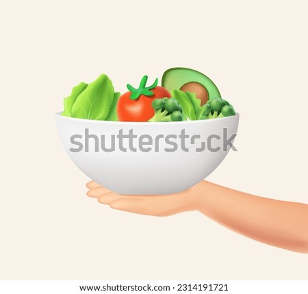 3D Vegetarian concept with healthy fresh diet showing a woman eating salad, bowl of greens and making a choice. 3D render vector illustrations. Healthy lifestyle, nutrition program