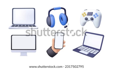 3D UI Icons set of technology isolated on white background. Computer devices 3d render vector icon set. Computer, laptop, smartphone, headphones, game console, joystick
