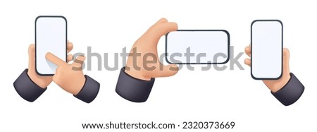 3D hand holding smartphone, empty screen, phone mockup, application on touch screen device. Vector illustration. 3D smartphone mockup in hands. Responsive app, website