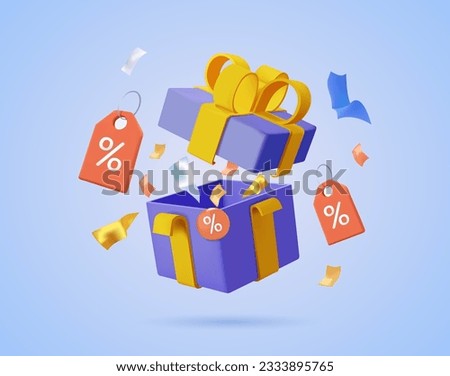 3d gift box with sale vouchers. Shopping referral program great discount sale background. 3D holiday surprise bonus offer vector illustration