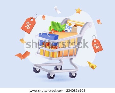 3D shopping cart with products for online shopping and digital marketing, big sale. 3d basket shop cart with presents and discount labels, shopping bag buy sell discount 3d vector banner illustration
