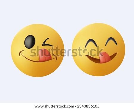 3D Yummy smile emoji with tongue lick mouth. Delicious tasty food symbol for social network 3D symbol UI. Yummy and hungry icon. Vector illustration isolated on white background