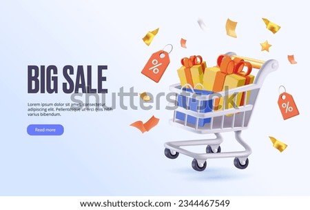 Big Sale banner 3D design. Online shopping advertisement, banner. Full shopping cart with products and presents. Concept of great discount. Black friday anniversary website design. 3D vector render