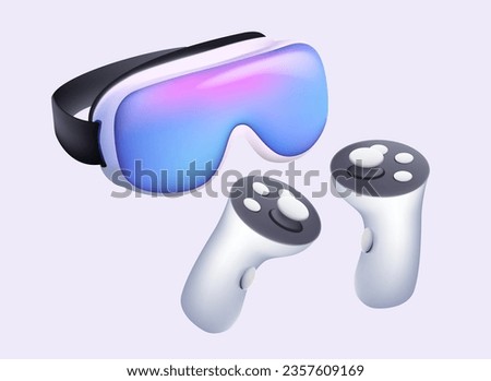 VR glasses and joystick gamepad 3D icon. Virtual reality, Virtual reality headset and controllers for gaming. VR helmet. Metaverse technology concept, artificial, augmented reality. 3D render UI icons