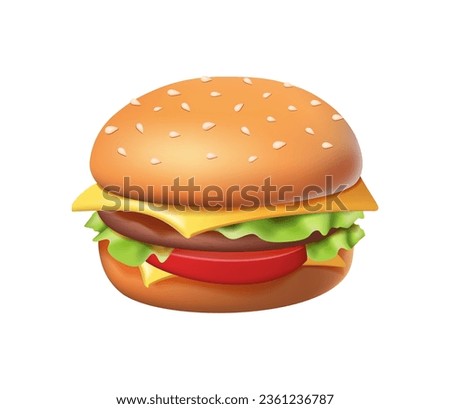 3D burger icon. 3d rendering of delicious cheeseburger. Fast food 3d realistic render vector icon hamburger. Meatloaf tomato vegetarian dish. Modern cartoon 3D icon for UI interface