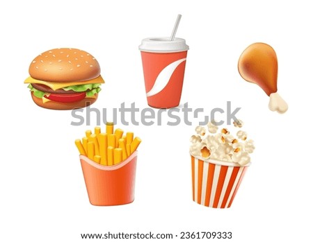 Fast food 3D icons set, street food 3d vector UI. Hamburger, soft drink, cola, fried chicken wing, french fries and pop corn. Restaurant, tasty set fast food many meal classic nutrition