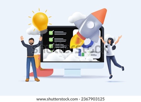3D Business illustration. Planning, prototyping and testing startup ideas and analyzing marketing data. Business activities concept 3D cartoon. Startup vector illustration, digital marketing