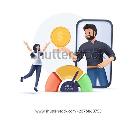 Credit Score Rating Based on Debt Reports Showing Creditworthiness or Risk of Individuals for Loan, Mortgage and Payment 3D illustration. Bank Evaluate Characters for Credit. 3D Cartoon People Vector