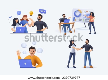 Collection of scenes at office, 3D illustrations set. Bundle of men and women taking part in business meeting, negotiation, brainstorming, talking to each other. Colorful vector illustration in 3D