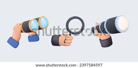 Human hands with binoculars, magnifying glass, spyglass telescope 3D. Searching, finding, web surfing, looking for opportunities concept. 3D Vector illustration. Isolated design elements 3D