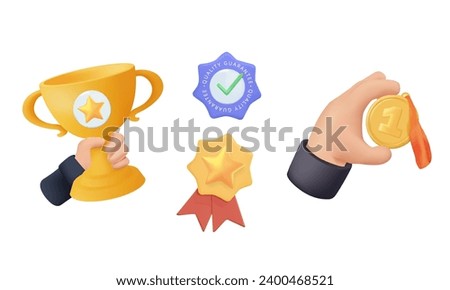 3D Award, winning cup, first place medal, ribbon prize. Hand holding gold medal and champion trophy cup. 3D trendy Vector illustration. Isolated design elements. Victory, competition concept