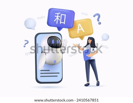 Translation concept. Online translator. AI chat bot help translator. Modern 3D cartoon style. Vector illustration. Online computer translator interface