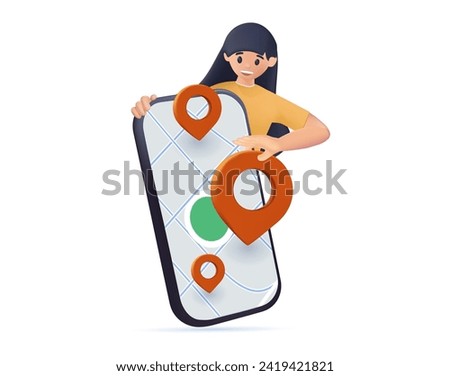 Tourist planning trip, route, itinerary on digital map. Woman marking locations in online guide with pin pointers for vacation journey. 3D graphic vector illustration isolated on white background