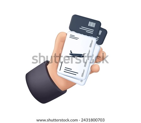 Two air flight tickets, boarding passes in hand, 3D illustration. Tourist, passenger holding checkin papers for airline, airplane travel, showing for checking. 3D vector illustration isolated on white