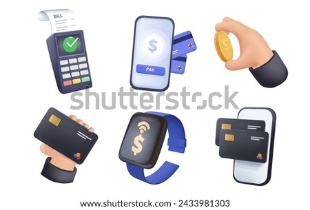 Diverse characters hands paying wireless NFC with credit card, smartphone and smart watch by POS terminal. Contactless payment and cash concept. 3D Vector illustration isolated on white background