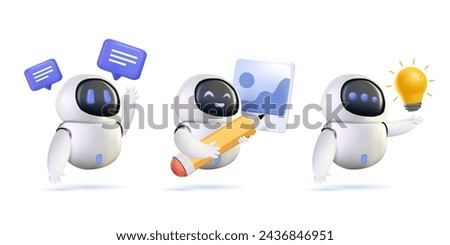 Chatbot 3D set. Online communication with artificial intelligence chat bot. Virtual dialog with ai assistant. Robot or android with artificial neuron network. Modern technology. 3D vector illustration