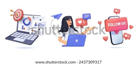 Digital marketing, social media market or advertising concept design 3D. Character working at business project strategy and analyzing data. 3D Vector illustration set