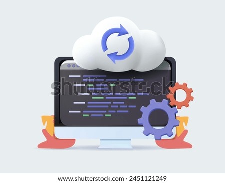 Web development vacancy, IT specialist job, cloud architect career 3D color icon. IT technology specialist, network app development 3D vector symbol with laptop, browser window and cloud