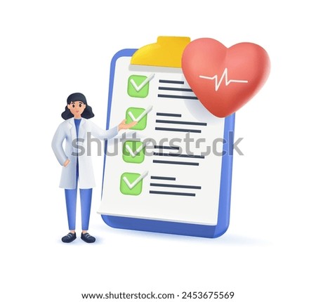 Doctor standing near clipboard, consulting on health. Physicians set, showing medical documents, prescription papers, checkup notes, speaking. 3D vector illustration isolated on white background