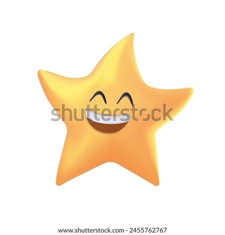 3D Cartoon funny kawaii star character or little twinkle vector personage shining in sky with happy smiling face and bright yellow beams. Cute twinkle star emoticon, space emoji character 3D