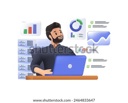 Analytics and data science abstract 3D concept vector illustration. Big data, machine learning control, computer science, predictive analytics, perform statistics, dashboard software abstract metaphor