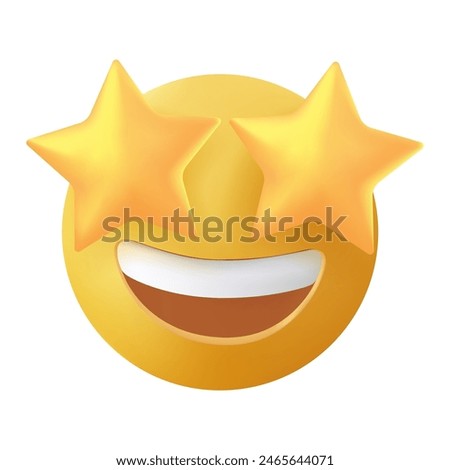 Starry eyed emoji. Love, excited emoji. Golden stars for eyes excited emoticon with open smile 3D stylized vector icon. Avatar kawaii style. 