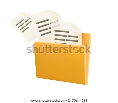 Computer folder with files. 3D folder with document files. Vector Illustration. File transfer of document in folder, cloud storage, connection docs information migration. Access remote file documents