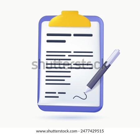 Pen signing a contract icon with signature, paper symbol isolated on white background for graphic and web design. Modern 3D icon illustration for UI web design. Agreement, contractor