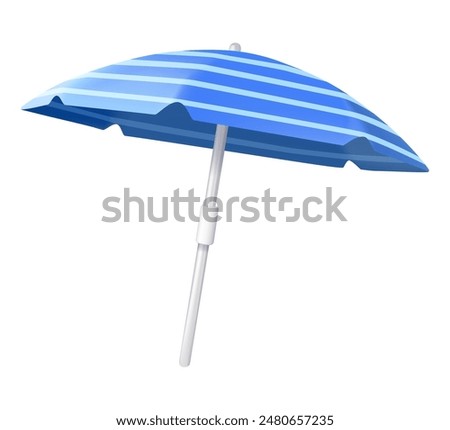 3D Beach umbrella icon isolated on a white background. Elegant opened blue umbrella, sun protection, Vector illustration. Summer holiday, Time to travel concept